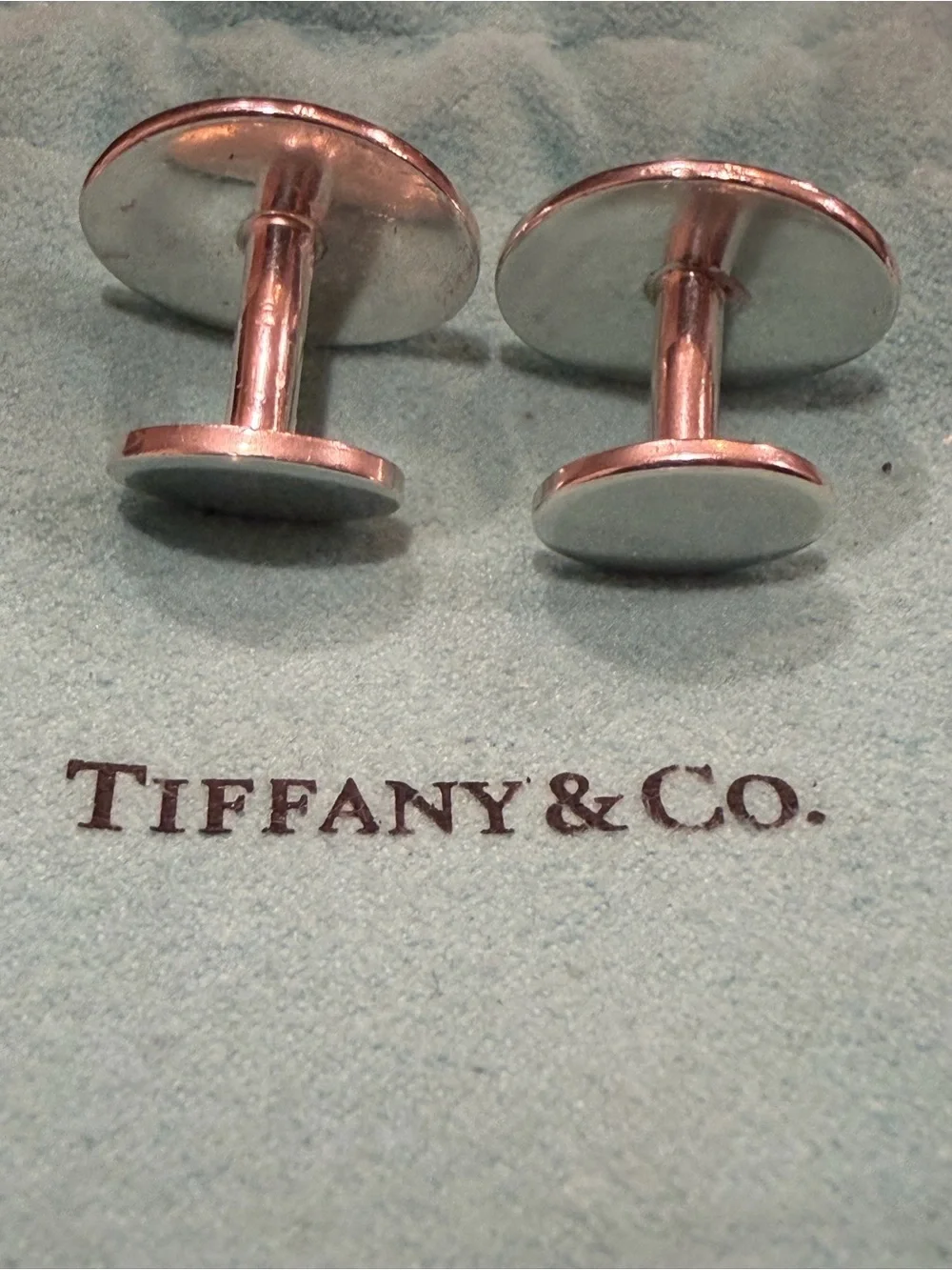 Tiffany & Co. Silver Oval 'Please Return to Tiffany & Co.' Cufflinks